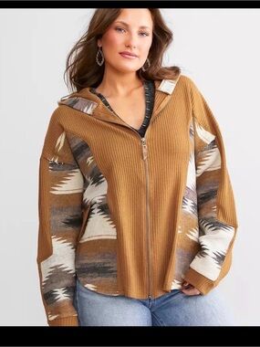 BKE Tan and Patterned Zip-Up Hoodie